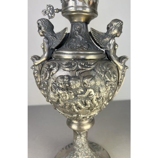 Glass Antique Pewter Angel Lamp with Pleated Glass For Sale - Image 7 of 18