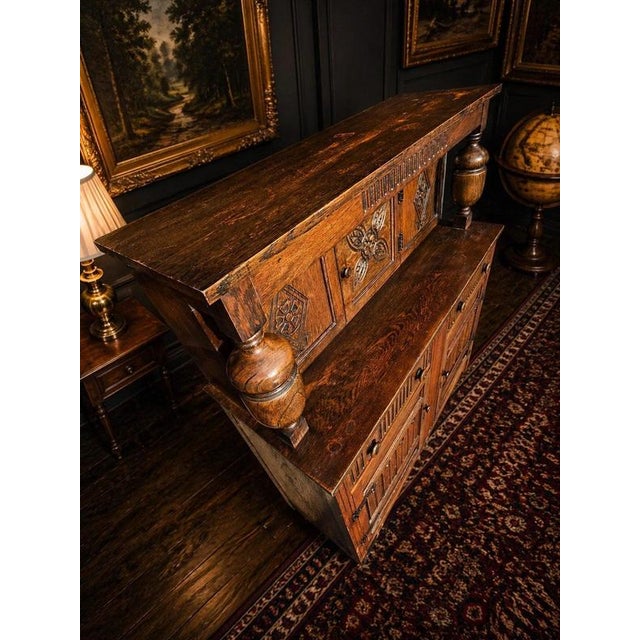 2000 - 2009 Antique Arts & Crafts Carved Quarter-Sawn Oak Sideboard Dresser For Sale - Image 5 of 12