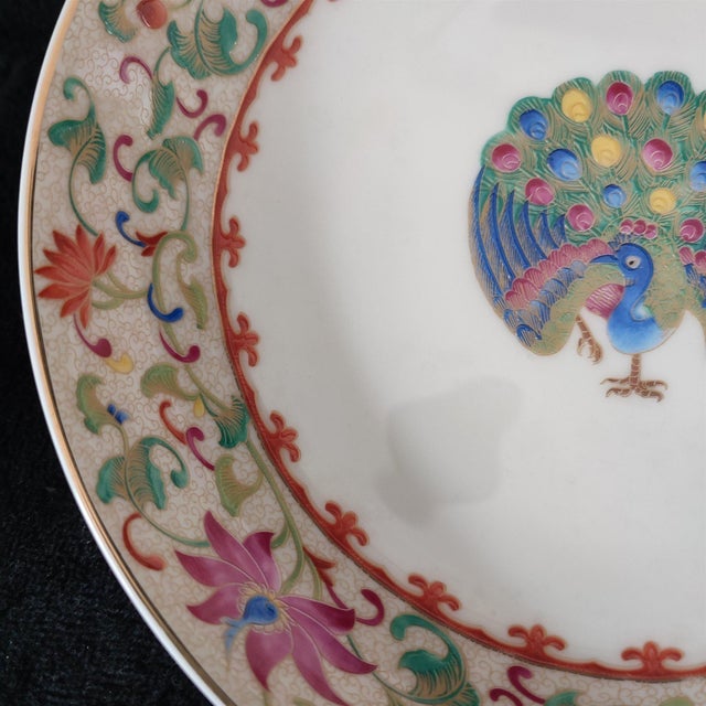 Chinese Ceramic Plate,Qianlong Marked Famille Rose Porcelain Plate Hand Painted Peacock and Flowers Pattern For Sale - Image 10 of 11