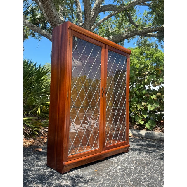 Vintage Illuminated Diamond Pane Curio Cabinet / Glass Display Bookcase For Sale - Image 4 of 8