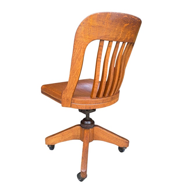 Antique B.L.Marble Chair Co. Golden Oak Swivel Desk Chair | Quarter-Sawn Oak Banker’s Chair | Early American Library & Office Chair For Sale - Image 6 of 13