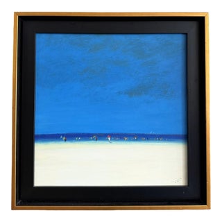 Late 20th Century Minimalist Blue Horizon Beach Scene Oil on Canvas For Sale