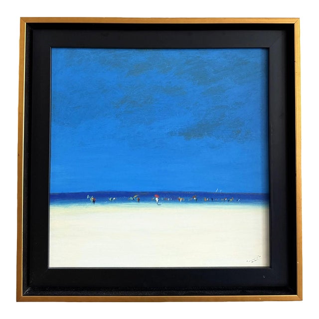 Late 20th Century Minimalist Blue Horizon Beach Scene Oil on Canvas For Sale