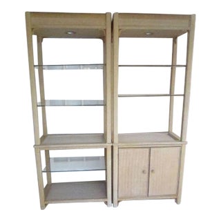 1990s Entertainment Center Hollywood Regency Henry Link Wicker Rattan Beige Set of 2 For Sale