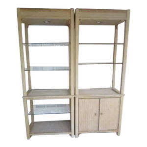 1990s Entertainment Center Hollywood Regency Henry Link Wicker Rattan Beige Set of 2