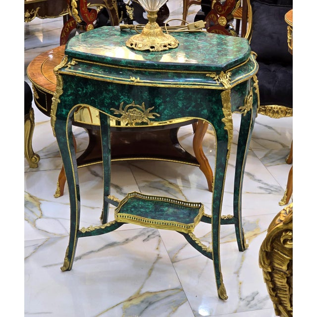 French Decorative Green Accent Table – Bronze Ormolu Mounts With Gold Leaf Details For Sale - Image 3 of 4