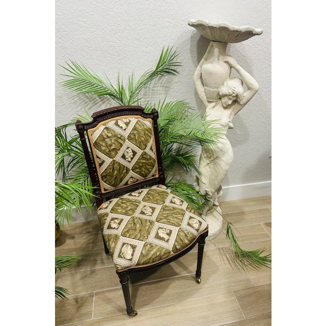 A Pair of Mid 20th Century French Louis XVI Style Accent Chairs With New Classic Upholstery Versace Style For Sale In Miami - Image 6 of 10