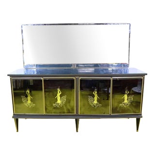 Credenza with Mirror and Black Glass Doors For Sale
