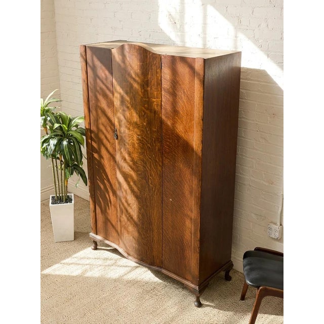 Early 20th Century Art Deco Oak Armoire With Curved Center Door For Sale - Image 4 of 11
