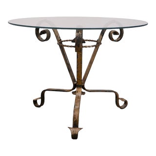 Distressed Finish Iron Base Glass Top End Table For Sale