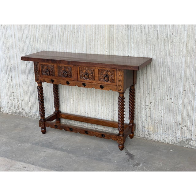 Baroque 18th Carved Two-Drawer Baroque Spanish Walnut Console Table With Iron Hardware For Sale - Image 3 of 13