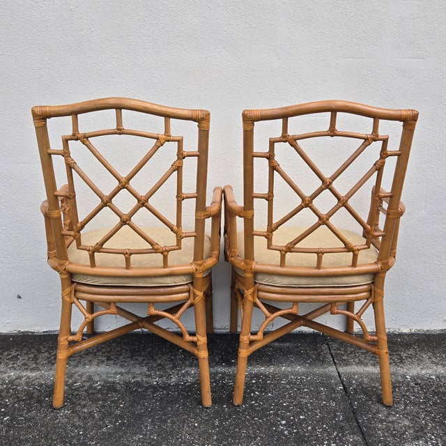 Late 20th Century Lexington Chinese Chippendale Faux Bamboo Rattan Dining Arm Chairs, Set of 4 For Sale - Image 10 of 15