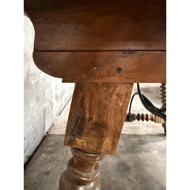 Wood 19th Century Spanish Walnut Center Table With Iron Stretcher Support Turned Legs For Sale - Image 7 of 12