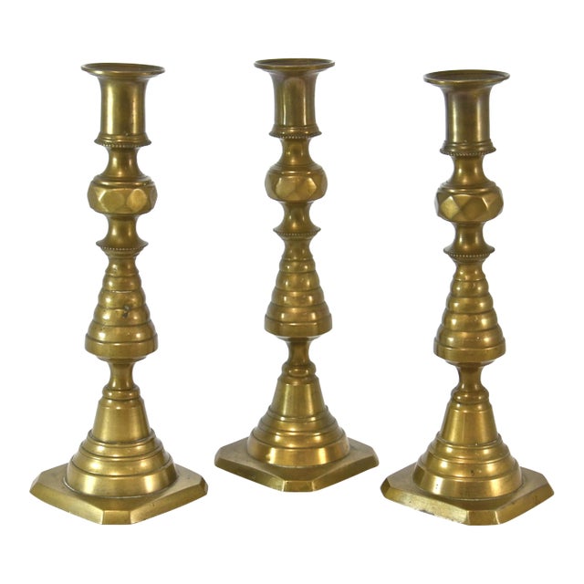 19th Century English Brass Candlesticks - Set of 3 For Sale
