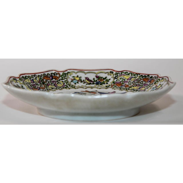 Green Vintage Famille Rose Porcelain Plate With Birds and Flowers Hand Painted Decor For Sale - Image 8 of 11