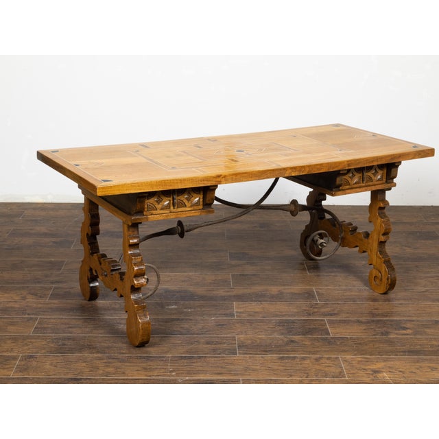 Italian Baroque Style 1880s Walnut Desk with Inlaid Top and Carved Lyre Base For Sale In Atlanta - Image 6 of 12