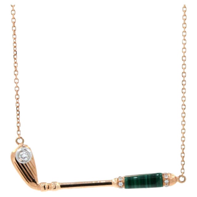 Diamond Malachite Golf Club Birdie Charm 18 Karat Yellow Gold Necklace Pendant For Sale - Image 4 of 18