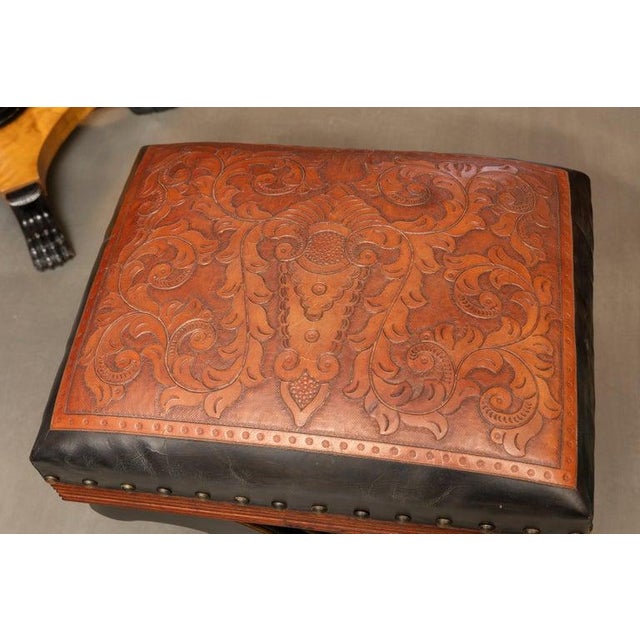Traditional Pair of Leather-Upholstered X-Frame Ottomans For Sale - Image 3 of 5