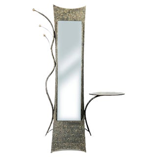 French Handcrafted Wrought Iron Mirror Stand with Table, 1970s For Sale