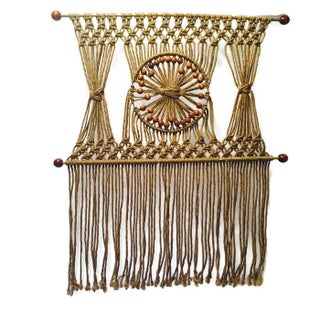 Vintage Jute Rope Macrame Boho Wall Hanging For Sale