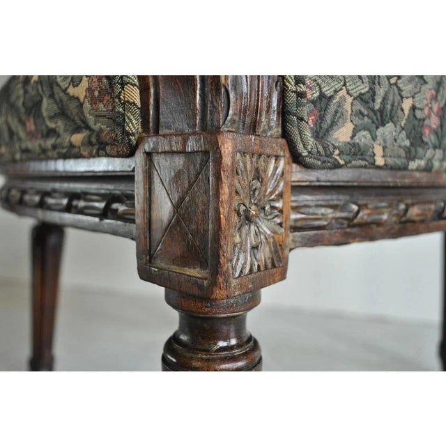 Wood Vintage French Louis XVI Style Carved Walnut Fireside Arm Chair Fauteuil For Sale - Image 7 of 11