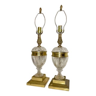 Vintage Urn Style Brass Cut Crystal Electric Table Parlor Lamps - a Pair For Sale