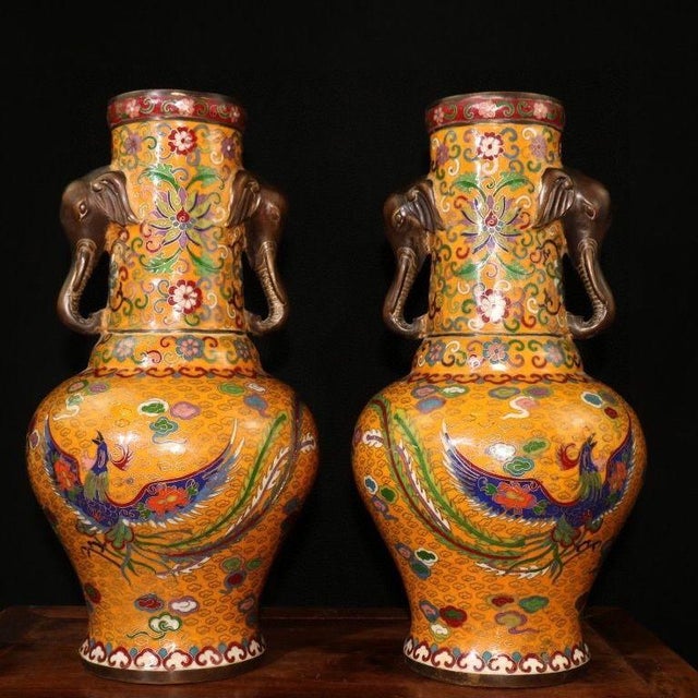 Mid 20th Century Pair of Chinese Cloisonné Vases | Dragon & Phoenix Motif With Elephant Handles For Sale - Image 5 of 8