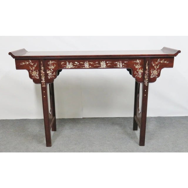 Chinese style rosewood console altar style table , made of rosewood with mother of pearl inlaid Chinese figures, drawer on...