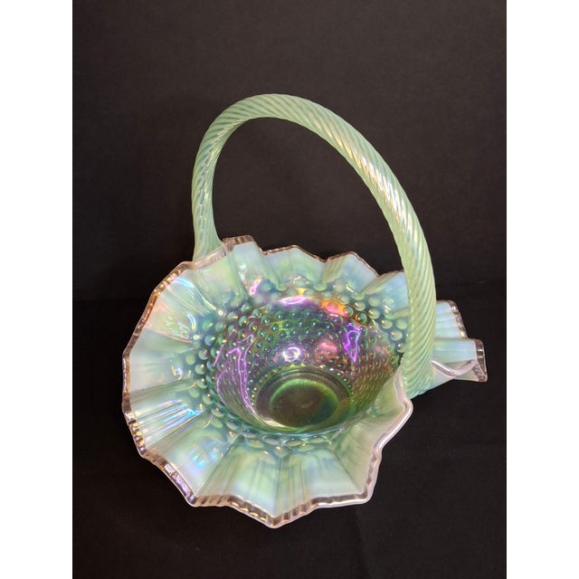 1970s Vintage Fenton Green Opalescent Carnival Hobnail Glass Basket Ruffled Iridescent 10" For Sale - Image 5 of 16