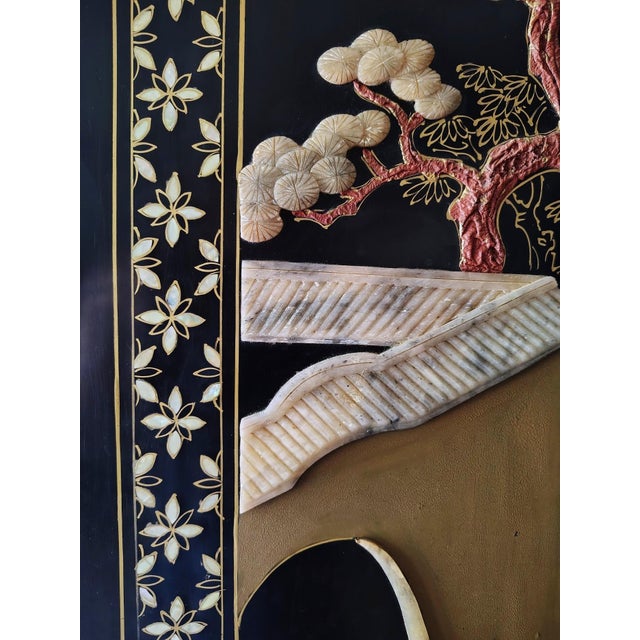 Black Mid 20th Century Chinese Export Six Panel Carved Soapstone Coromandel Screen For Sale - Image 8 of 16