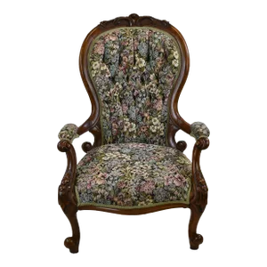 Antique Victorian Carved Mahogany Tuft Floral Tapestry Upholstered Parlor Armchair