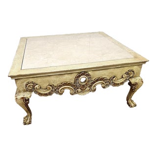 1980s Carved William Switzer Marble Top Square Coffee Table For Sale