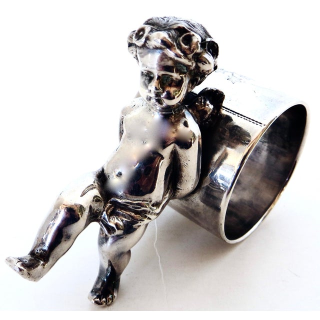 19thC Silver Plated Victorian Figural Napkin Ring; "Winged Cherub Pushing Ring" For Sale In Reno/Lake Tahoe - Image 6 of 7