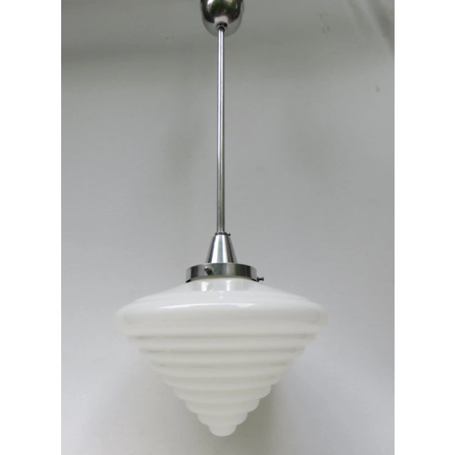 Vintage Art Deco Aluminum & Opaline Glass Pendant For Sale - Image 14 of 14