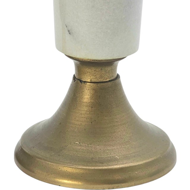 Mid-Century Indian Brass & White Marble Candlesticks Pair For Sale - Image 11 of 11