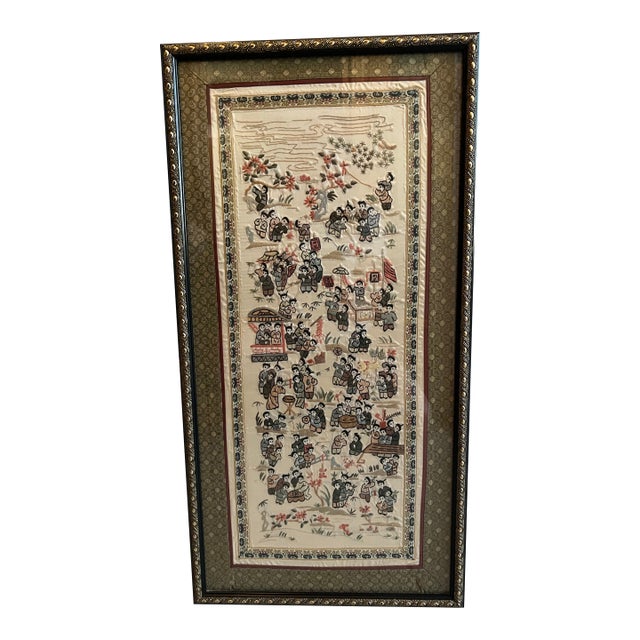 Vintage Framed Hand Embroidered Chinese Silk Tapestry 100 Children at Play For Sale