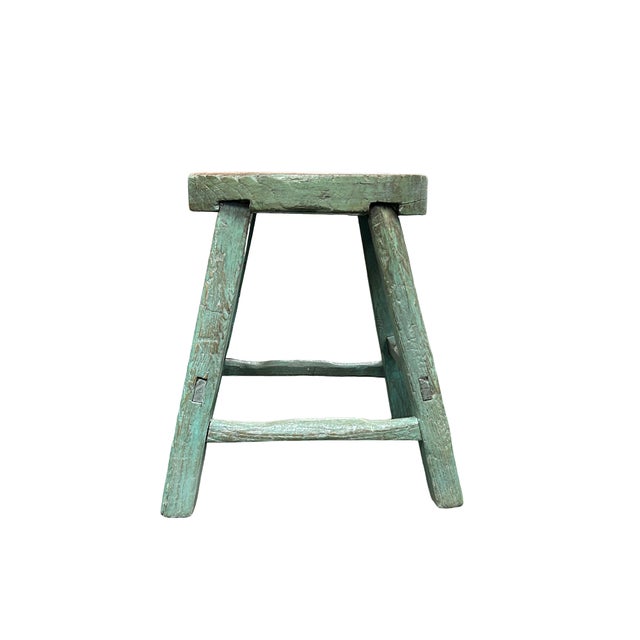 Rustic Rustic Bold Distressed Light Sage Green 4 Legs Wood Stool Side Table Stand For Sale - Image 3 of 15
