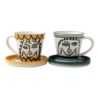 Abstract Face Ceramic Coffee Cup and Saucer Set of 2 - 4 pcs For Sale