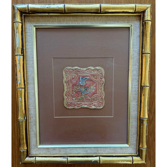 Mid 20th Century Pair of Vintage Framed Chinese Textile Art in Faux Bamboo Frames For Sale - Image 5 of 13