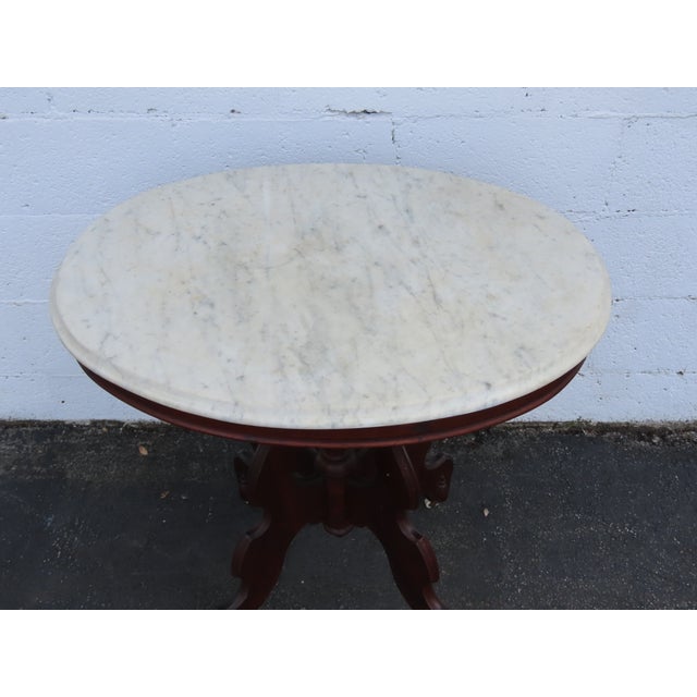Late 1800s Victorian Eastlake Marble Top Carved Side Table 6900 For Sale - Image 16 of 18