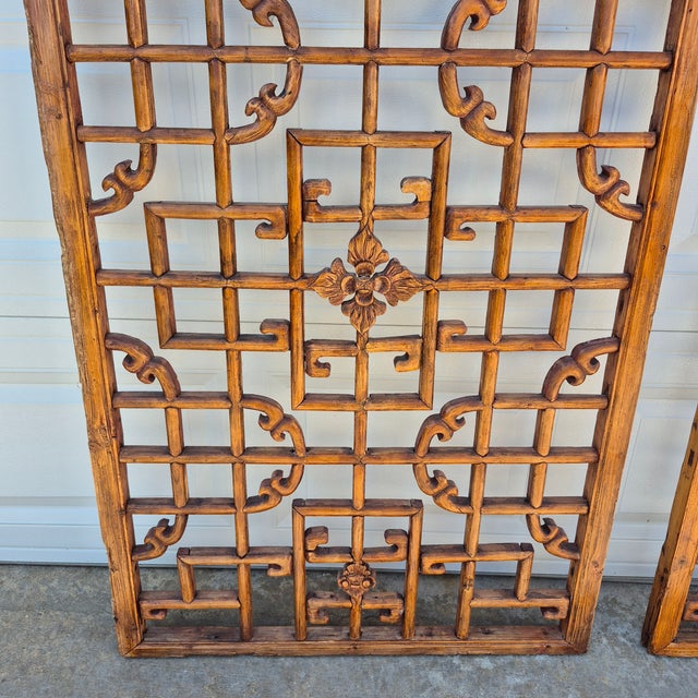 Antique Chinese Open Fretwork Lattice Large Window Screens Decorative Wall Panels, a Pair For Sale - Image 10 of 15