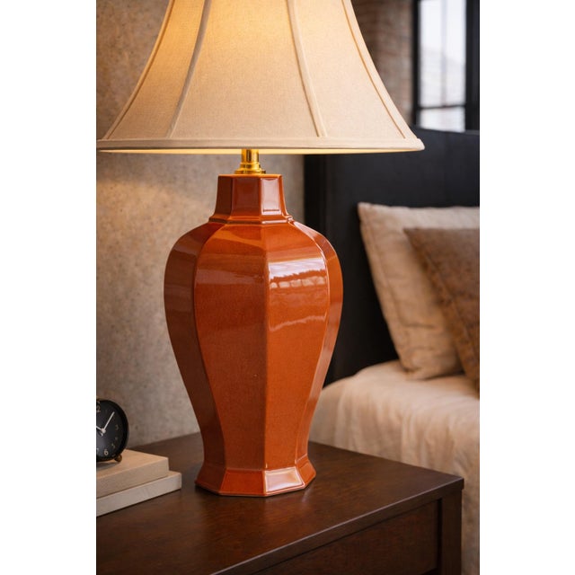 Burnt Orange Late 20th Century Faceted Terracotta Glaze Architectural Table Lamp With Original Shade For Sale - Image 8 of 12