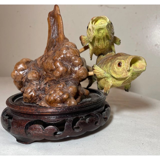 Vintage Hand Carved Painted Wood Burl Fish Two Bass Sculpture Statue Figure Art For Sale - Image 4 of 11