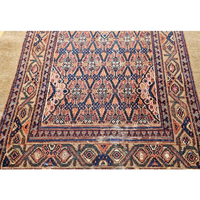Antique Persian Serab Camel Hair Runner Rug, Hand-Knotted Wool, Allover Geometric Pattern, Red & Blue, 3x20 For Sale - Image 12 of 15