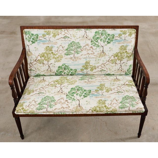 19th Century English Sheraton Mahogany Settee Chinoiserie Fabric For Sale - Image 4 of 12
