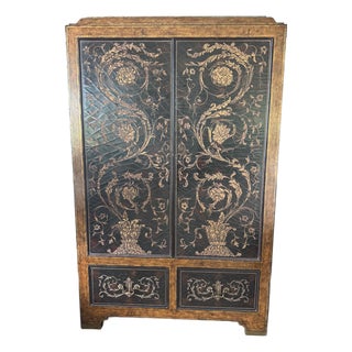 Vintage Maitland-Smith Embossed Leather & Lacquer Armoire / Bar Cabinet For Sale