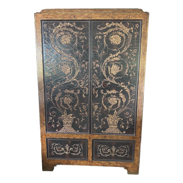 Vintage Maitland-Smith Embossed Leather & Lacquer Armoire / Bar Cabinet For Sale