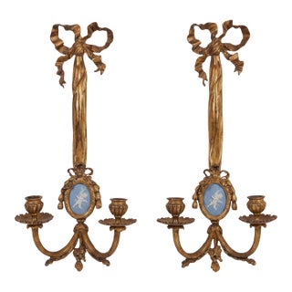Antique French Louis XVI Style Gilt Bronze Ribbon Jasperware Putti Sconces - Pair For Sale