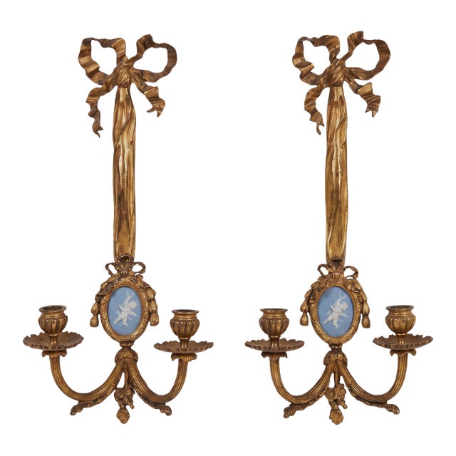 Antique French Louis XVI Style Gilt Bronze Ribbon Jasperware Putti Sconces - Pair For Sale