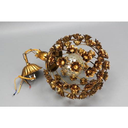 Hollywood Regency Style Gilt Metal Floral Sphere Pendant Light, Italy, 1970s For Sale - Image 15 of 18